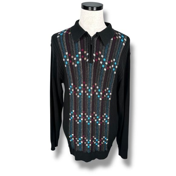 Vintage Peletti Polo Sweater Men XL Multi Striped Geometric Cosby Cotton 1/4 Zip - Picture 1 of 9